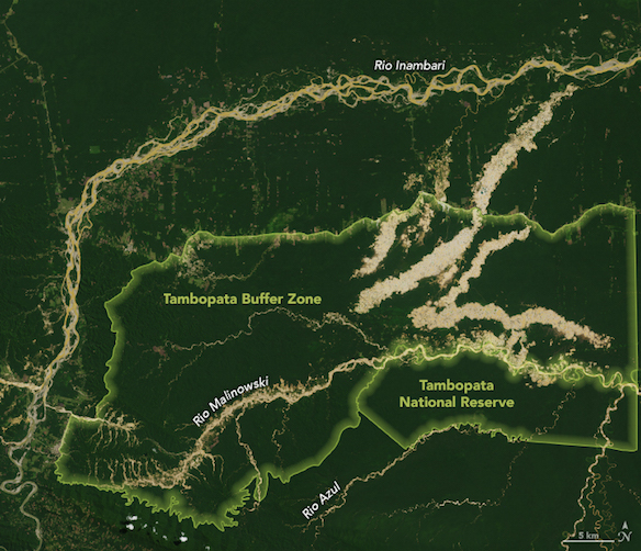 Map showing Tambopata National Reserve, buffer zone and cleared forest September 6, 2018