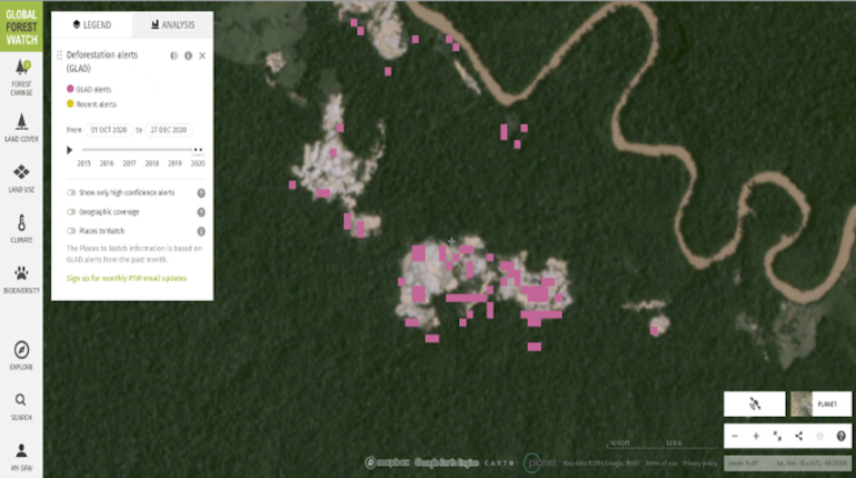 NICFI Planet Imagery with deforestation alerts by MAAP/GFW, image credit ACCA/Planet