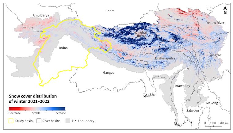 Map showing snow cover distribution across HKH region, for winter 2021-2022