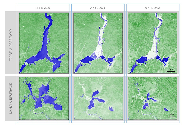 Image with series of maps showing comparison of Water Extent for month of April in 2020, 2021 and 2022