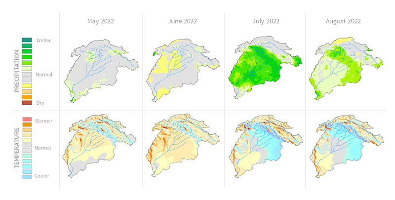 Maps of seasonal precipitation and temperature outlook, by month May through August for 2022