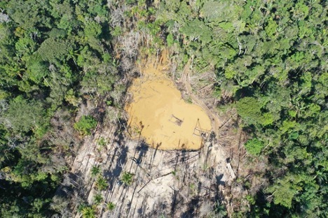 Photo of deforestation area and pond with discolored water from illegal mining