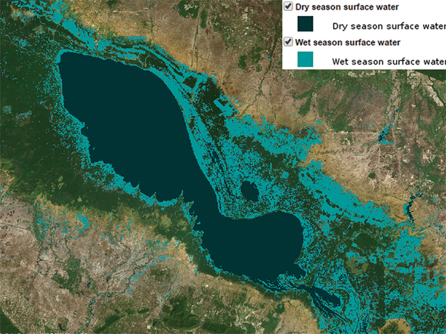 Map showing dry season and wet season surface water in Cambodia