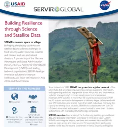 SERVIR overview brochure with woman in South Asia on a latter