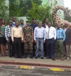 Focal points for the National Platform for Disaster Risk Reduction (NPDRR) who attended the training in Kigali, Rwanda, pose together with SERVIR-Eastern and Southern Africa experts. Photo credit: RCMRD