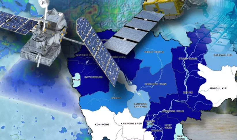 A blue and white map of southeast Asia with pictures of satellites flying over head
