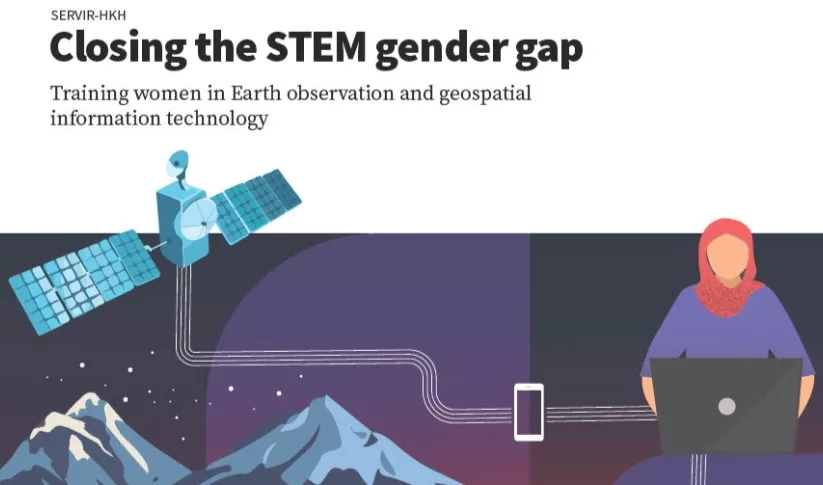 A cropped image of the cover page for the SERVIR HKH report, "Closing the STEM gender gap"