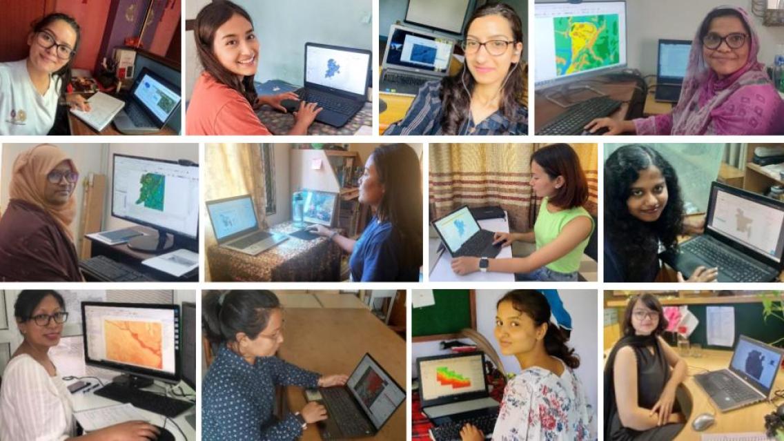 A collage of women who took the 2023 Empowering women in geospatial information technology’ training in the HKH region