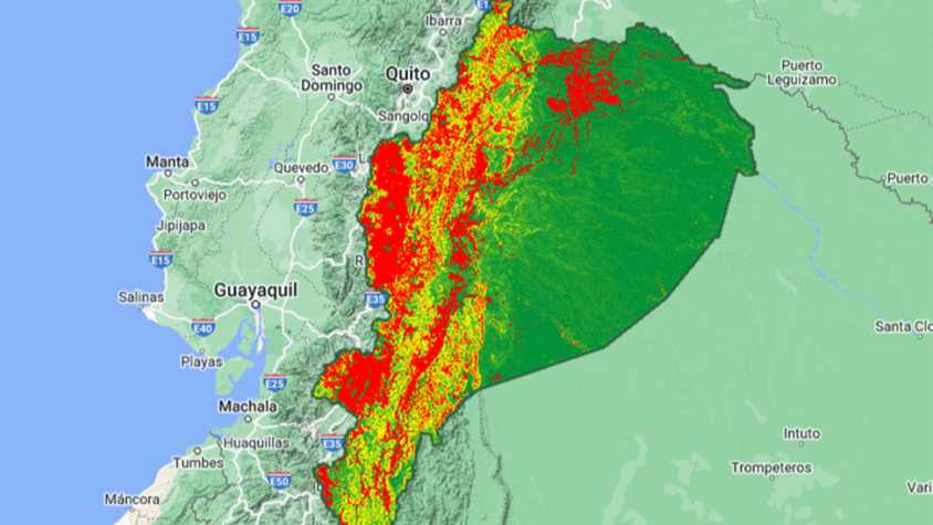 Map of areas impacted by soil erosion. Red areas are the most affected by soil erosion from water  in the Ecuadorian amazon basin. Credit: SERVIR Amazonia
