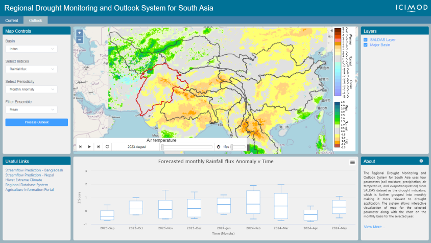 A screenshot of the Regional Drought Monitoring and Outlook system for South Asia dashboard